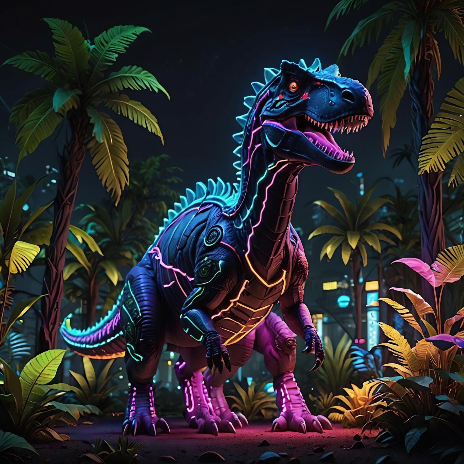 Neon Dinosaur in a Hyperrealistic Jungle