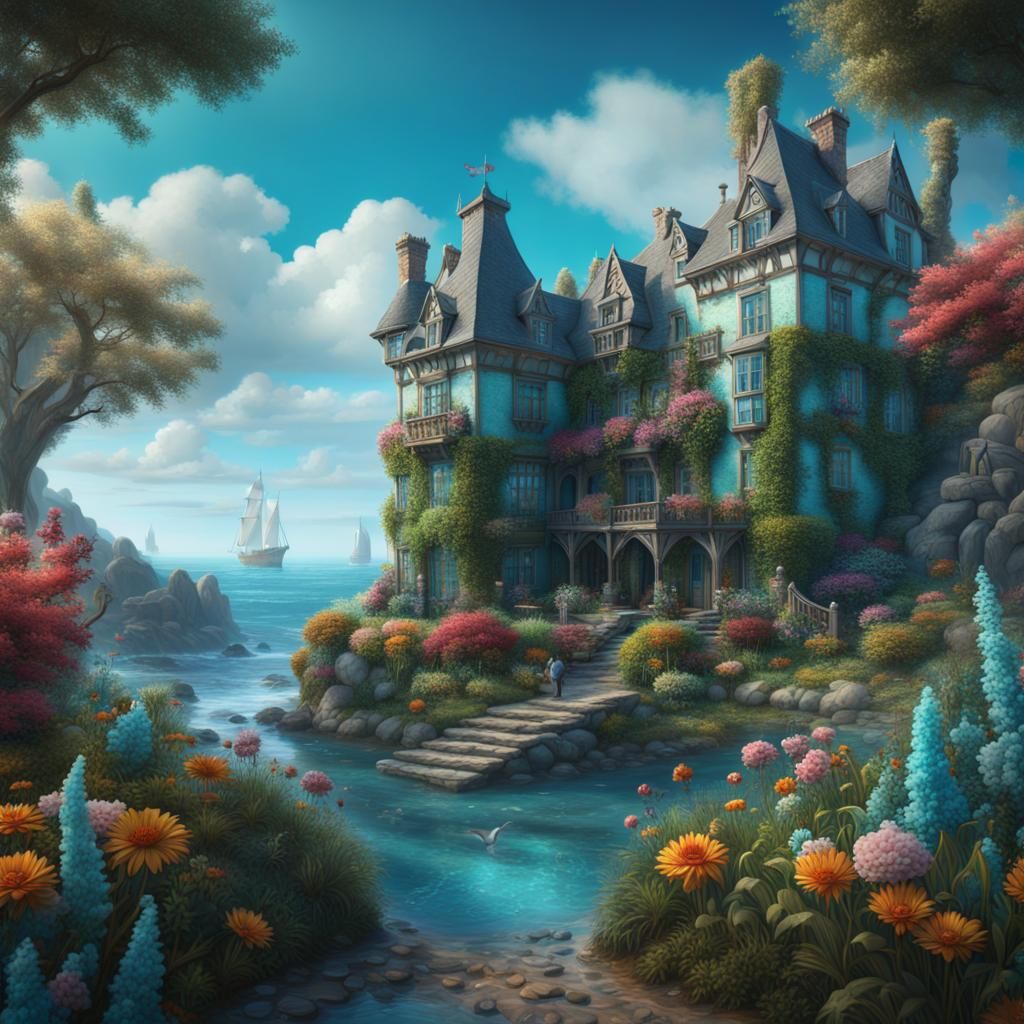 Idyllic Manor by Turquoise Sea: Fantasy Art