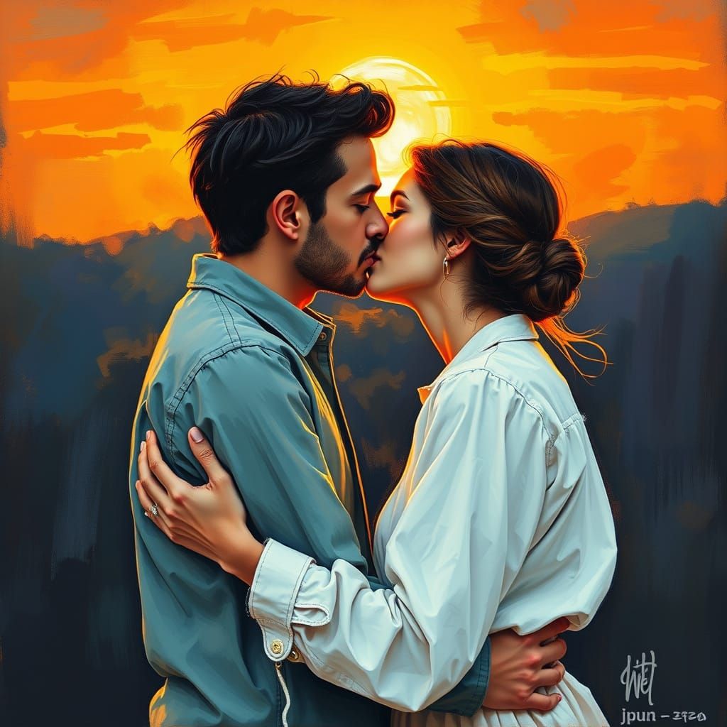 Couple's Sunrise Embrace in Gouache Style