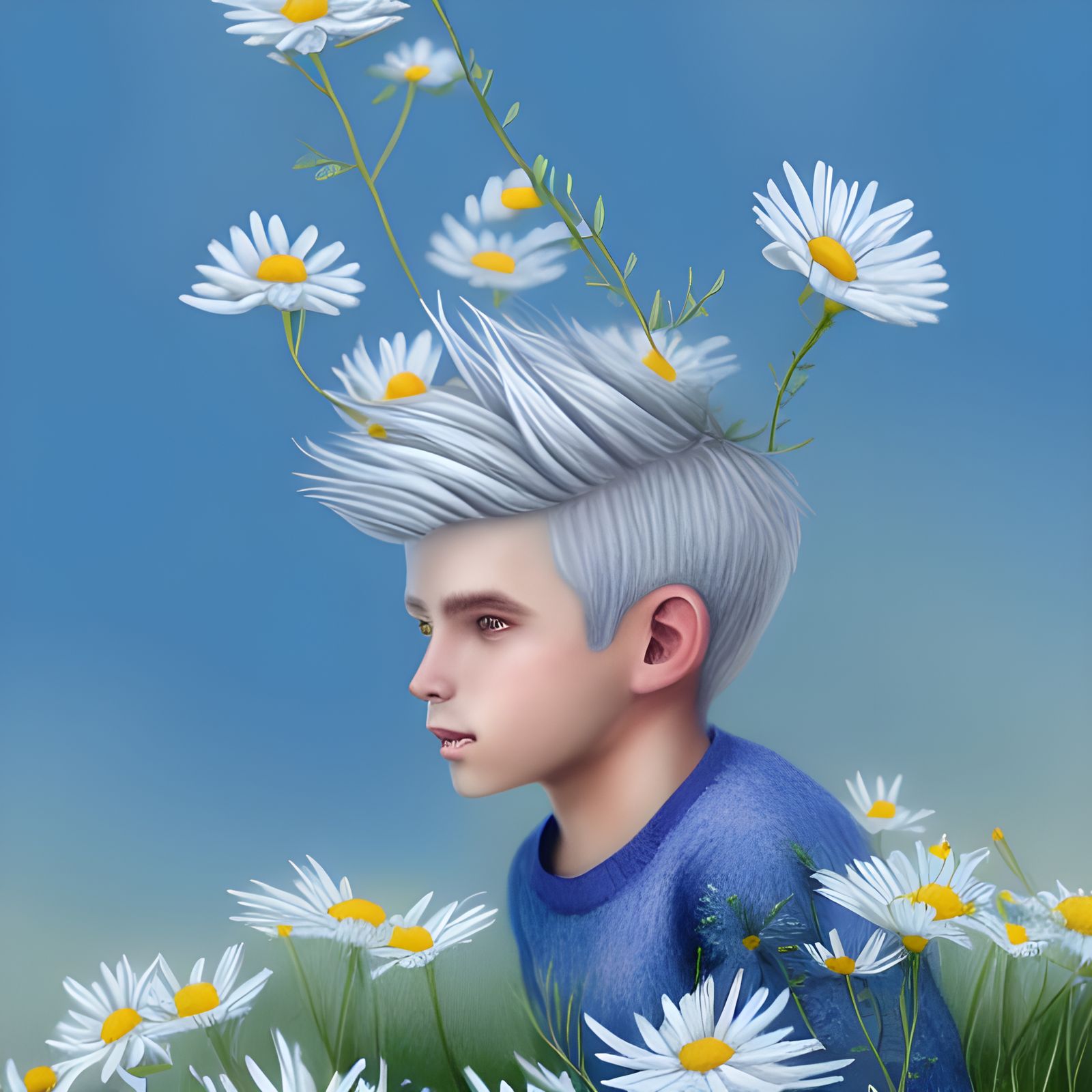 Boy with Daisies: Pastel Watercolor Art Nouveau