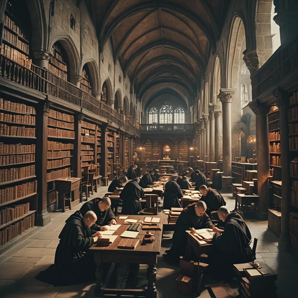 Medieval Library with Monks in Cinematic Style