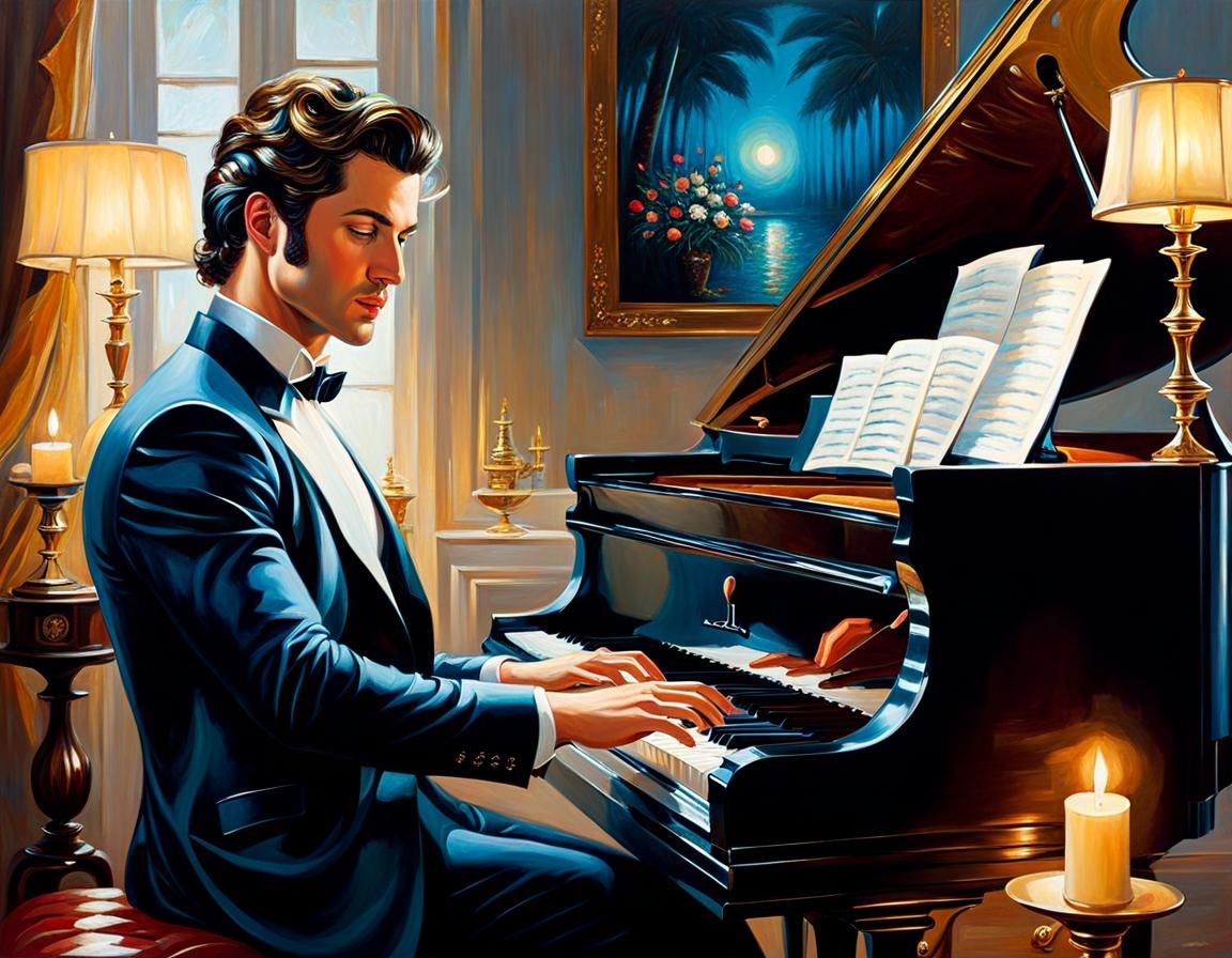 Man at Piano: Neo-Impressionist Expressionist Oil Painting