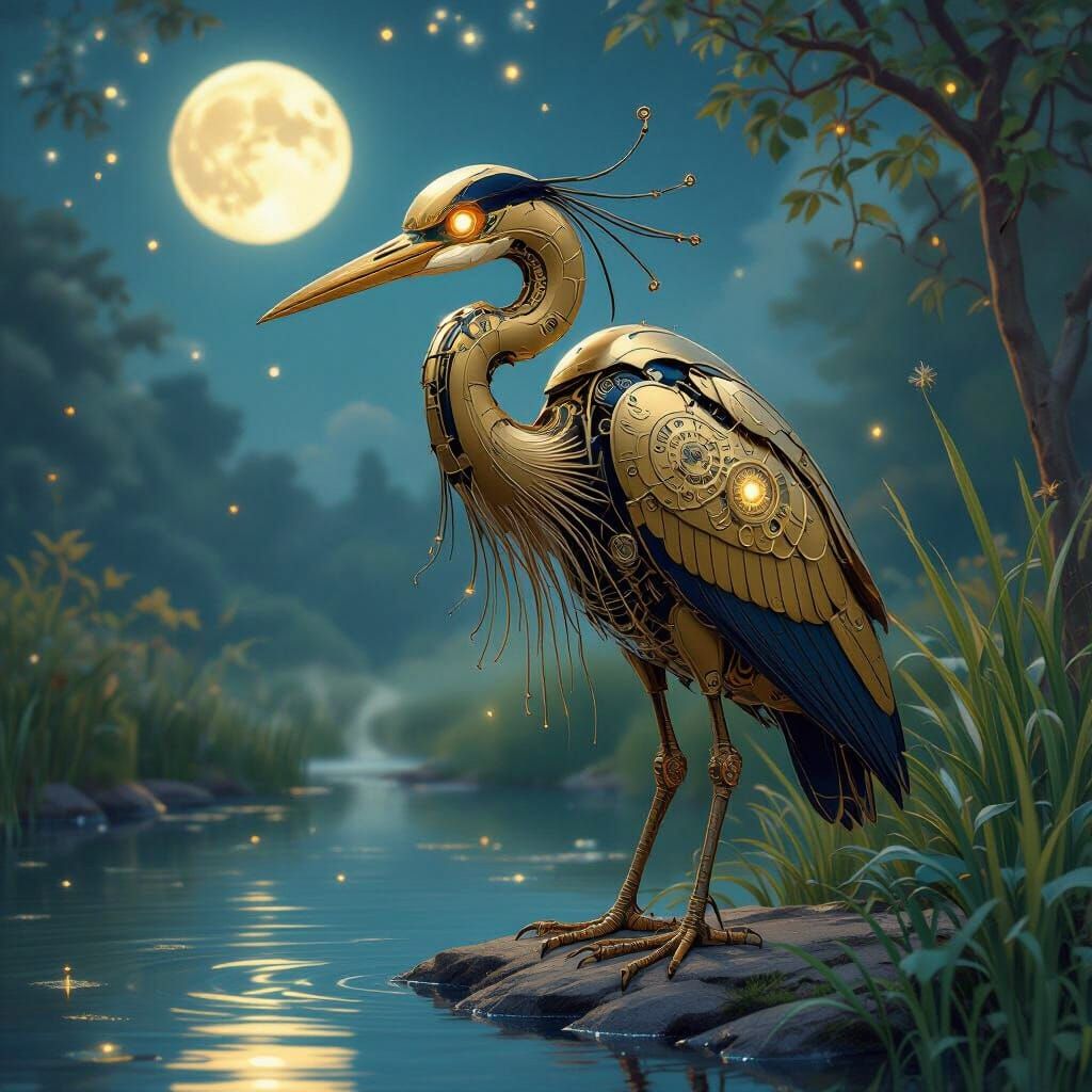 Mechanical Heron by Moonlit Pond in Art Nouveau Style