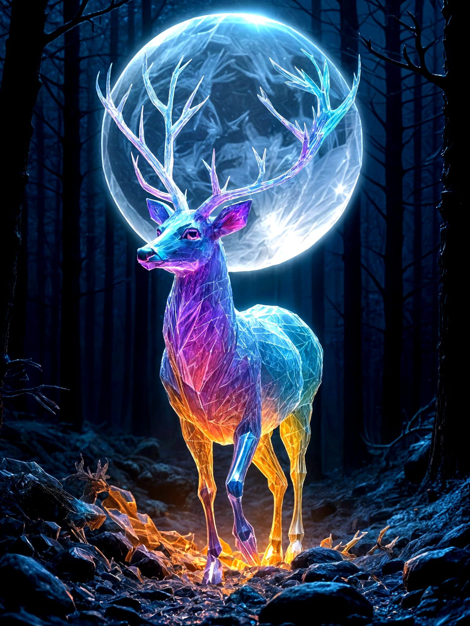 Crystal Deer Stag Running Under Moonlight