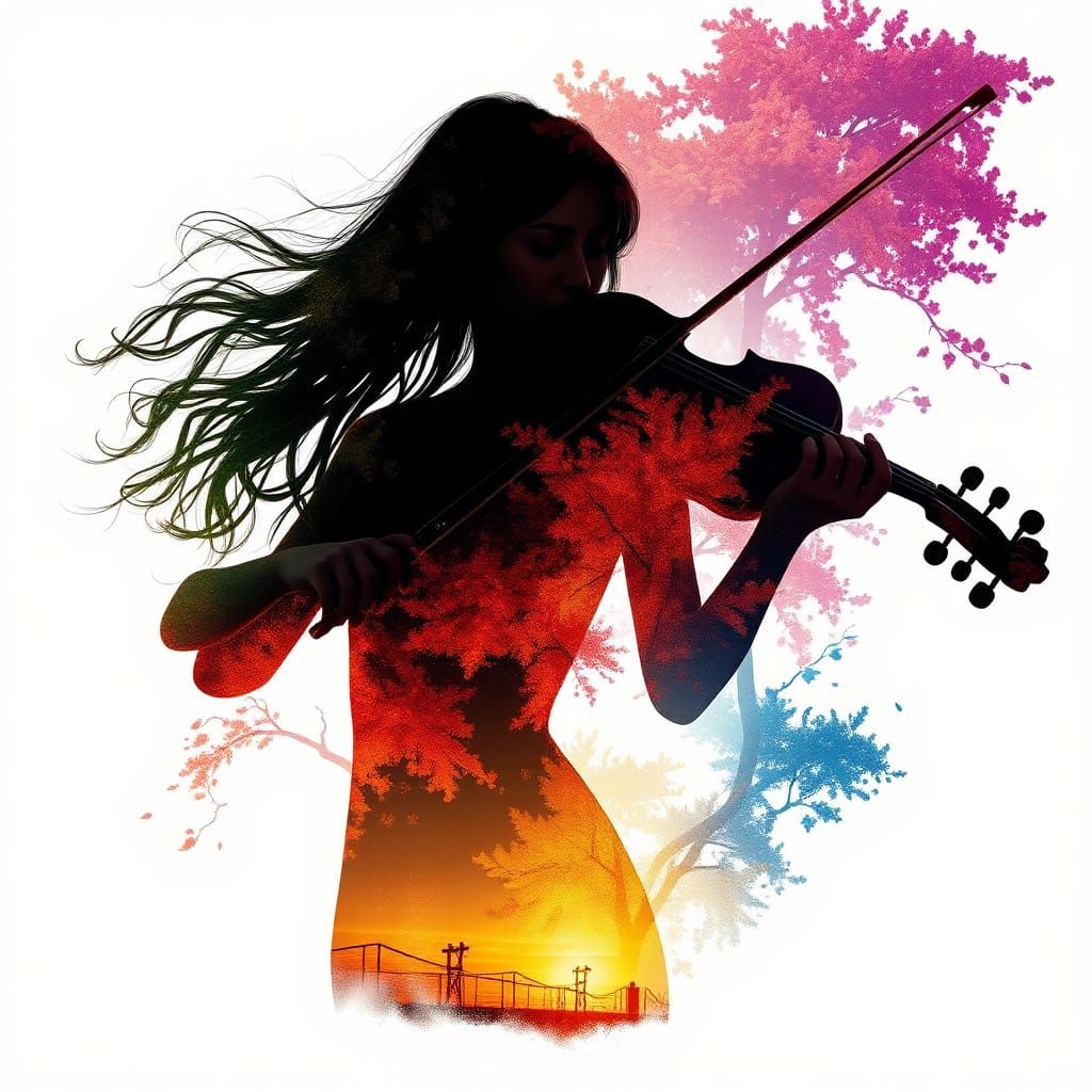 Silhouette Violinist in Four Seasons Double Exposure