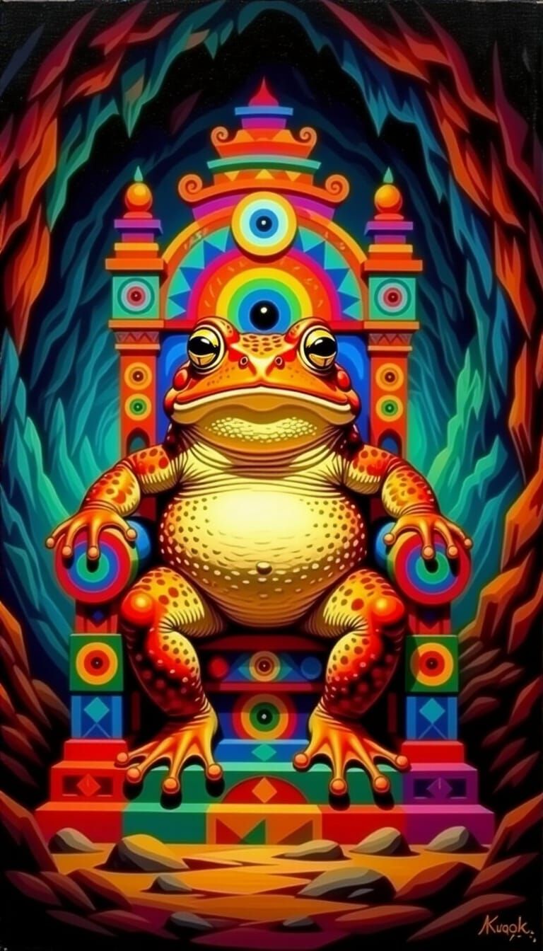Psychedelic Toad King on Ornate Throne in Cavern