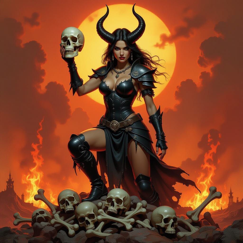 Woman Demon in Apocalyptic Hellscape, Dark Fantasy Art