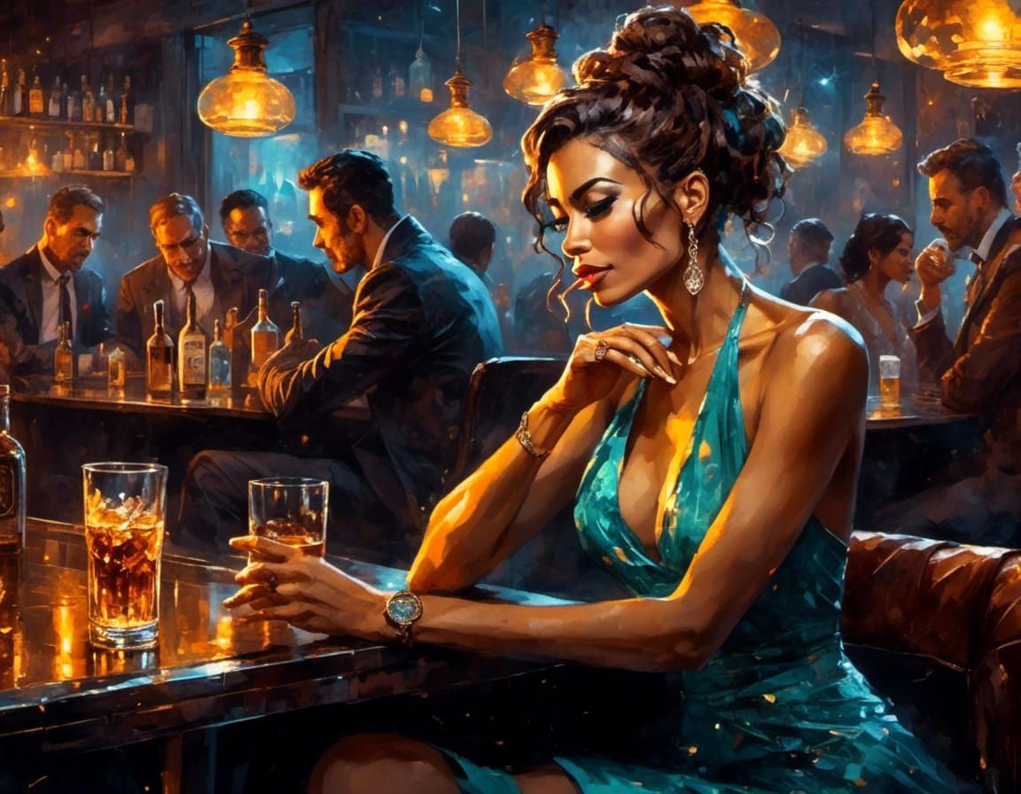 Woman Flirting in Bar, Digital Painting