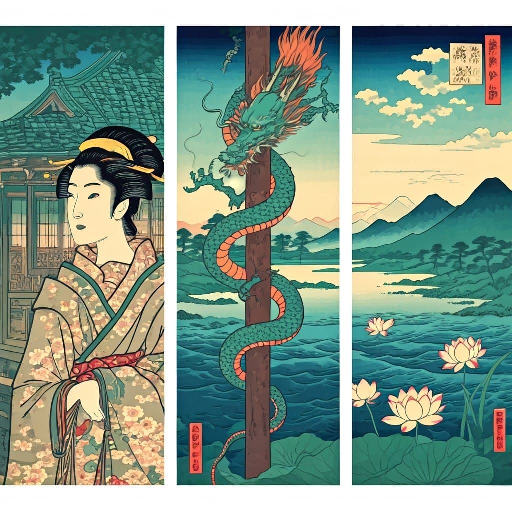 Geisha and Dragon in Ukiyo-e Woodblock Prints