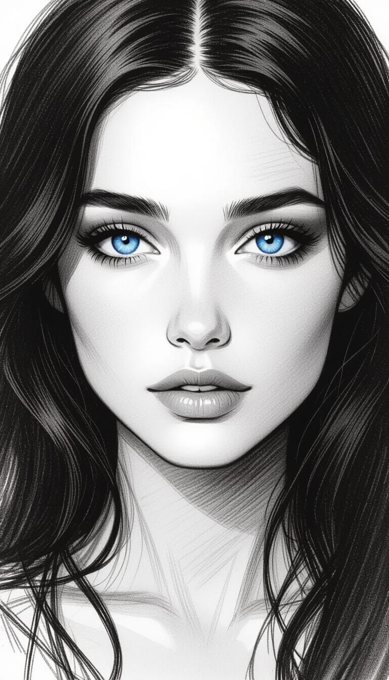 Woman's Innocent Gaze in Detailed Black and White Sketch