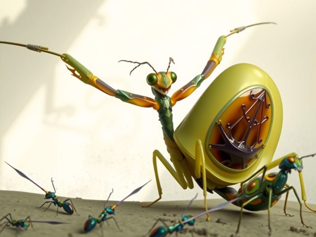 Cyberpunk Mantis Warrior Battles Fiery Blue Ant Swarm