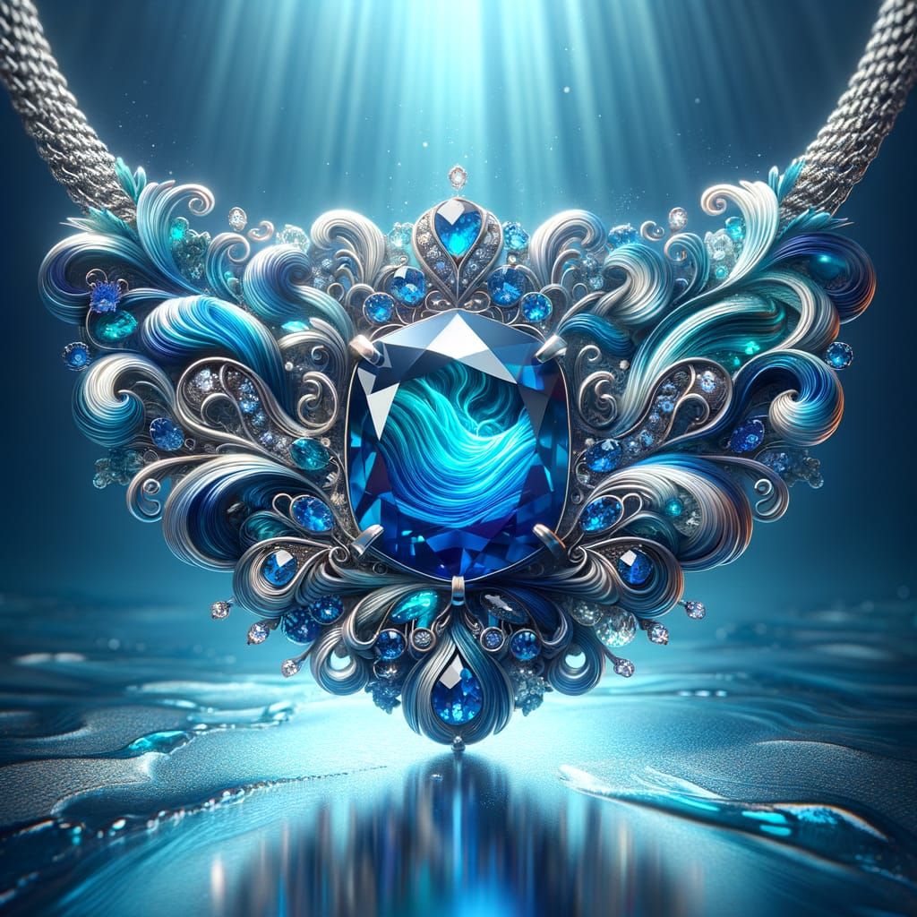 Sapphire Necklace with Swirling Ocean Waves in Hyperrealisti...