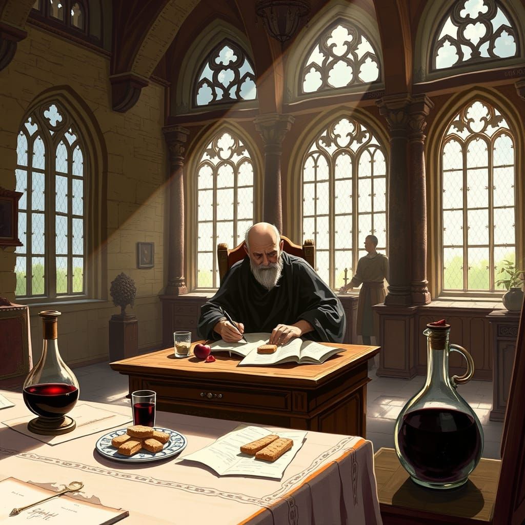 Medieval Scholar in Sunlit Castle Room