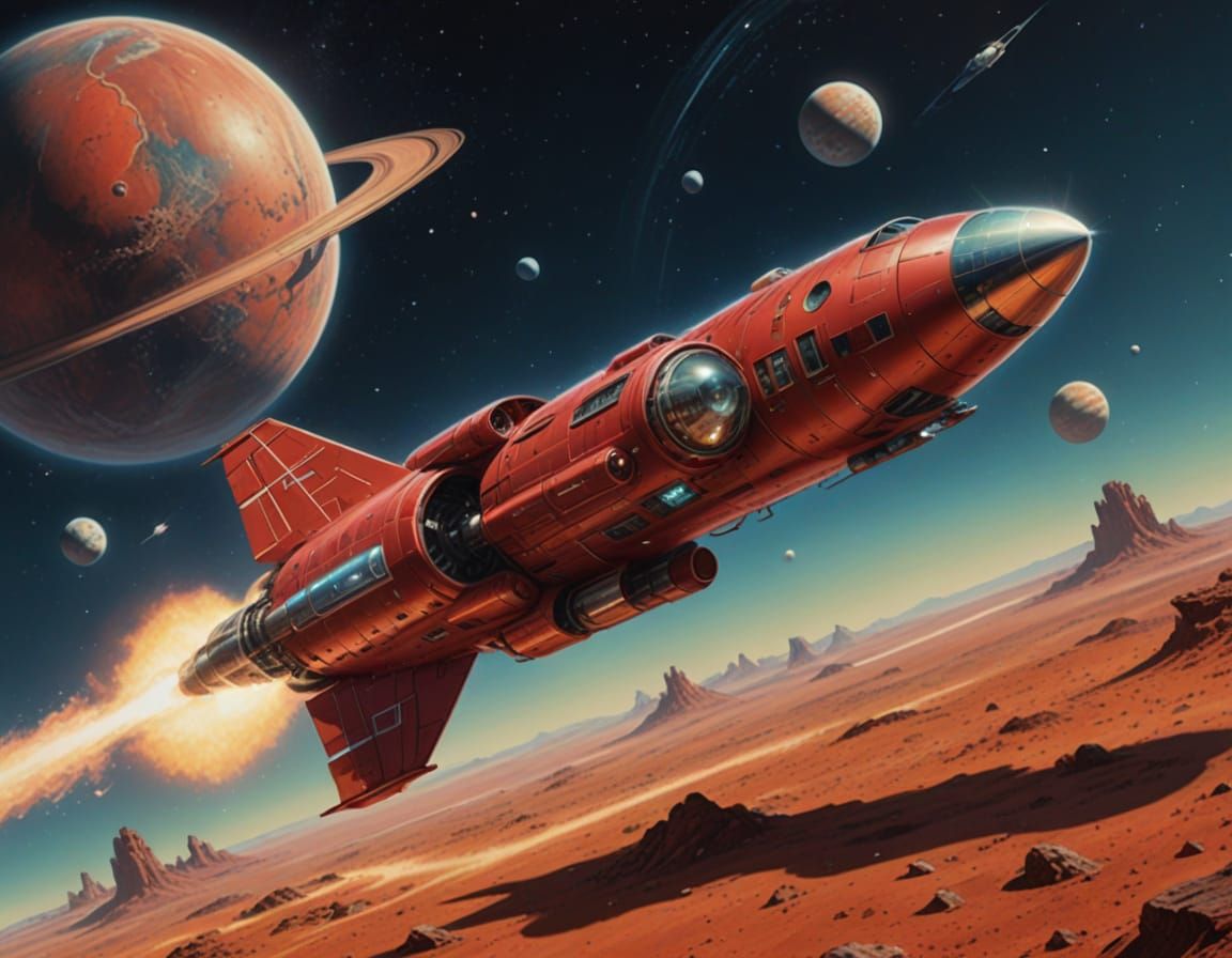 Retro Rocket Ship Flying Past Mars in Comic Art Style