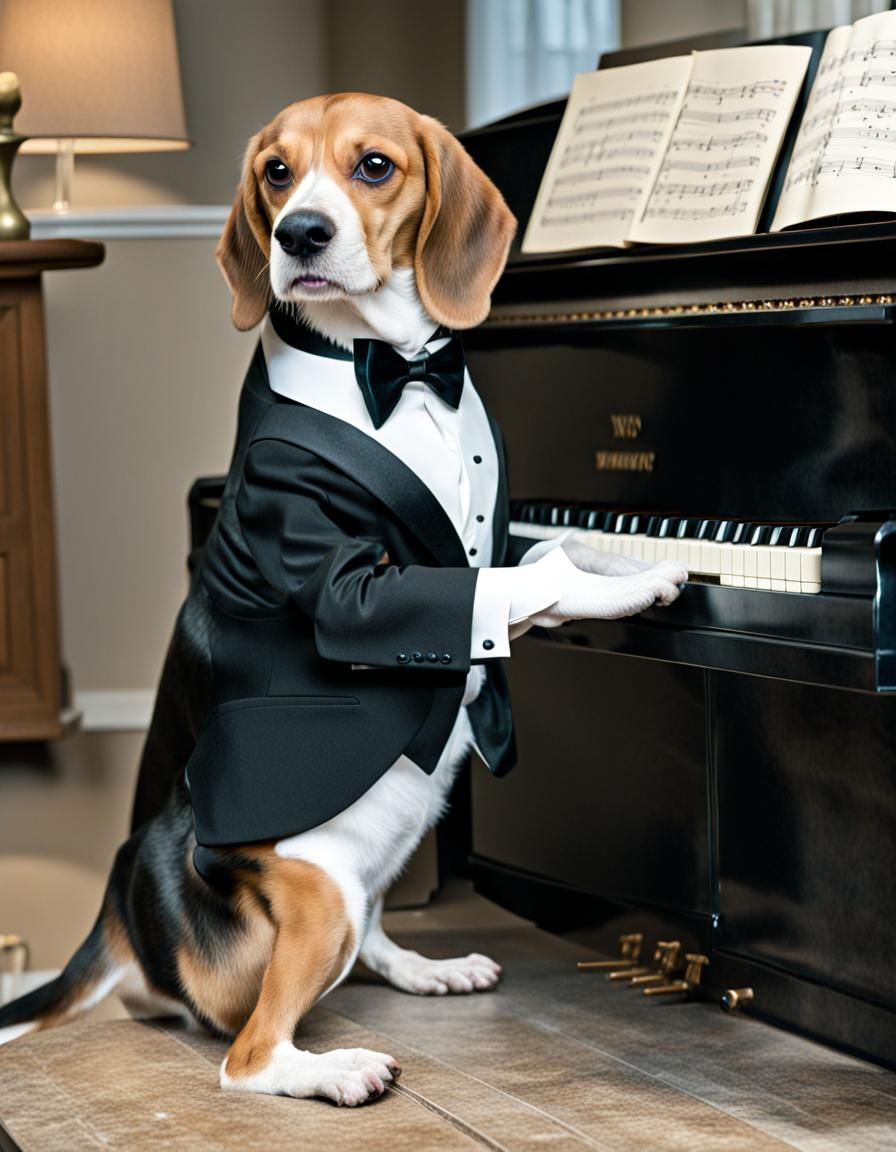 Beagle in Tuxedo Plays Piano