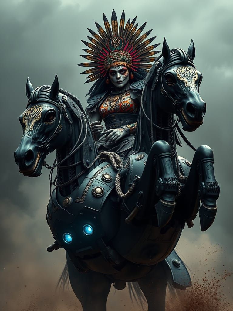 Hyper-Realistic Aztec Warrior Rides Cyberpunk Horse in Omino...