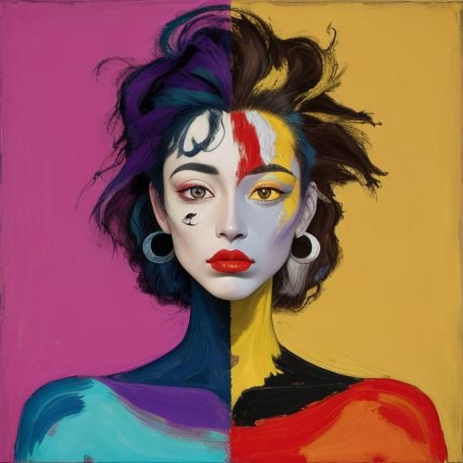 Colorful Expressionist Portrait of Woman with Feathers