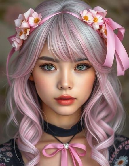 Elegant Portrait of Woman with Silver-Pink Hair