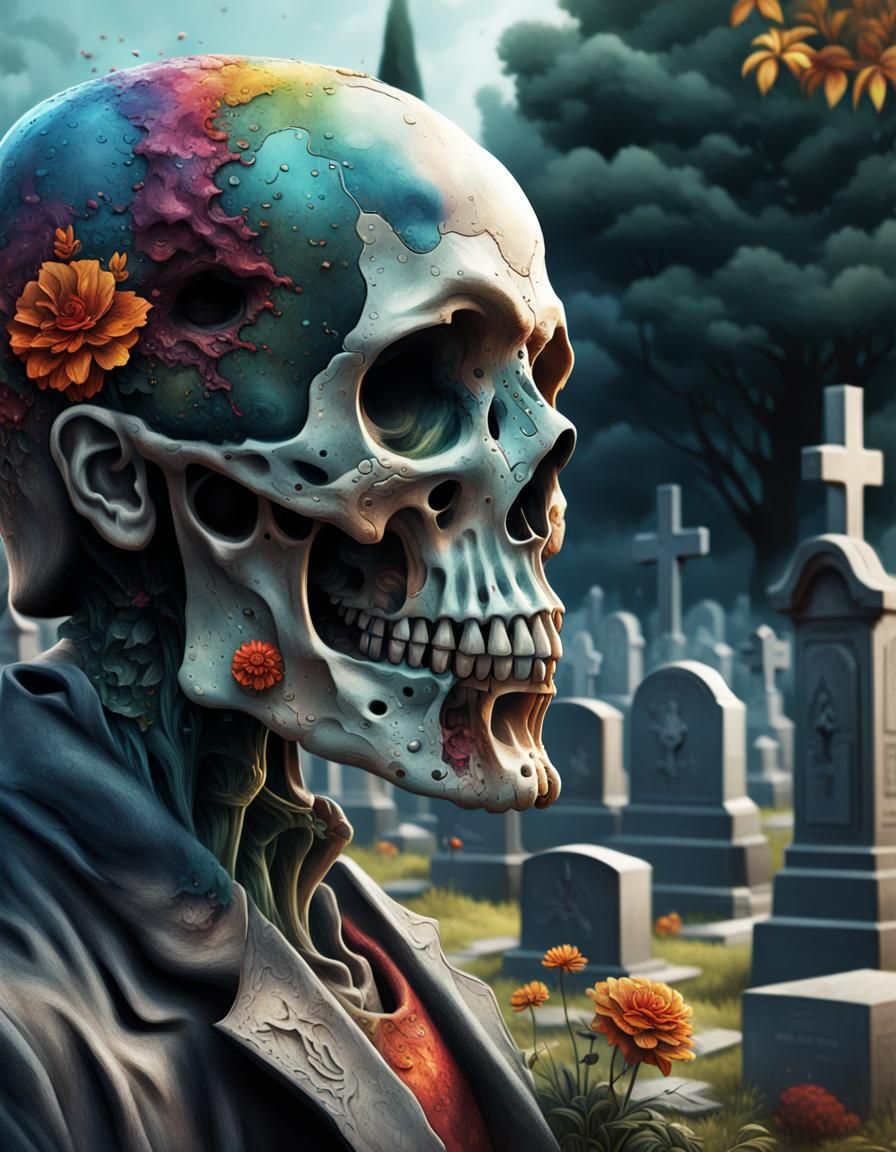 Skull-Headed Character in Cemetery: Hyperrealistic Concept A...