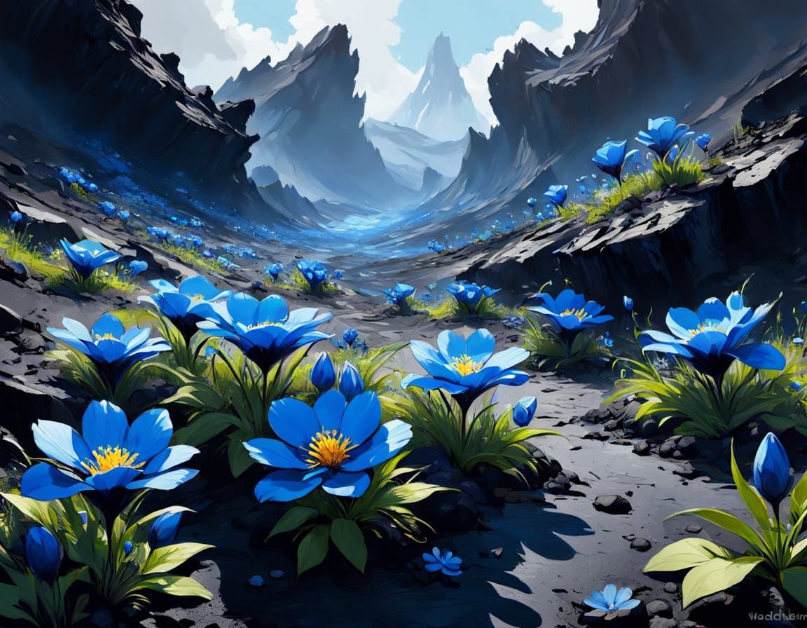 Surreal Masterpiece of Blue Blooms on Dark Lava