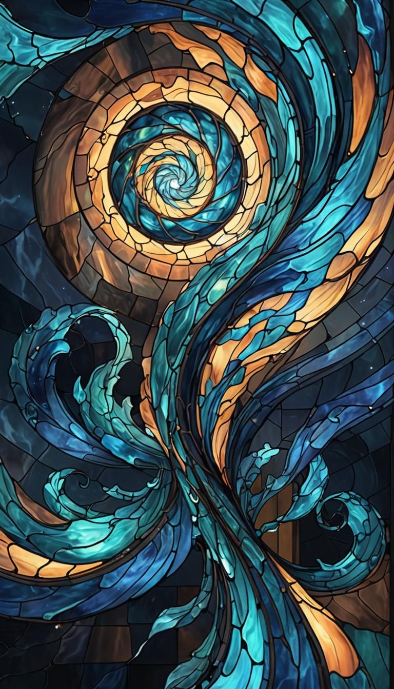 Stained-glass art of a powerful twisting tornado. Starlight,...