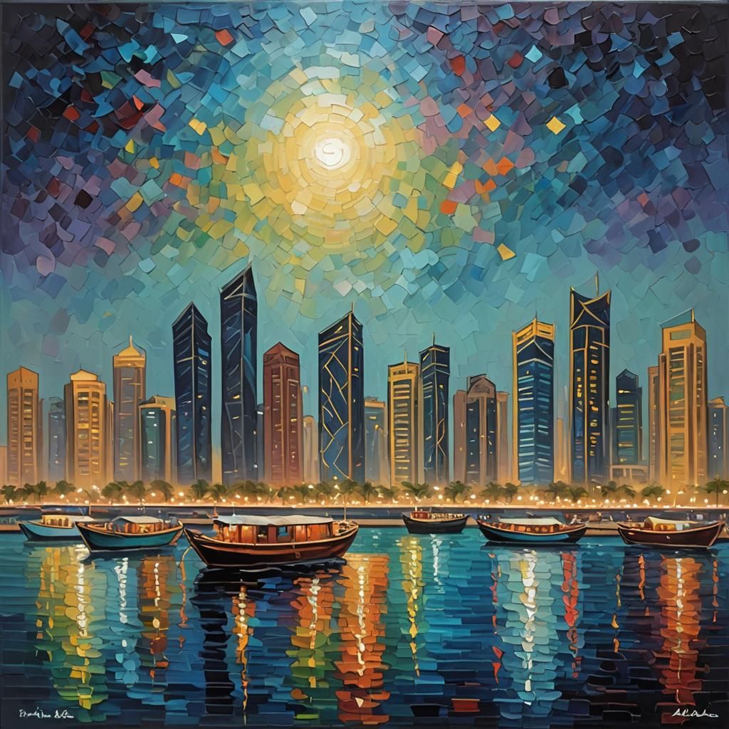 Doha Corniche Boats at Night in Expressionist Style