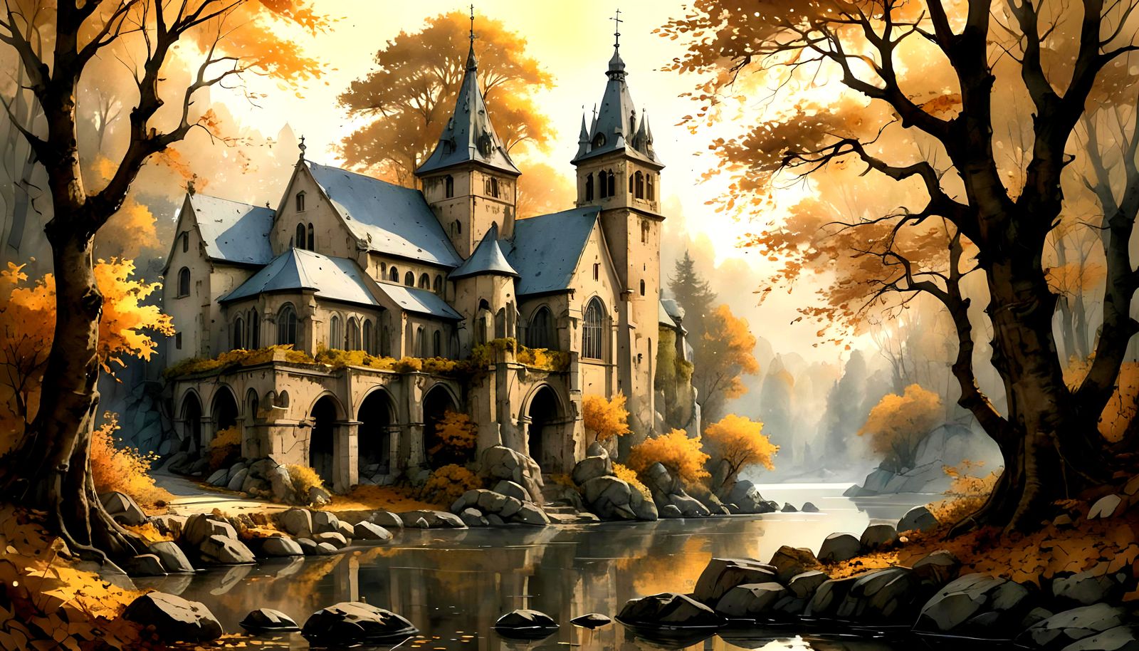 Autumn Monastery Lake in Watercolor and Ink