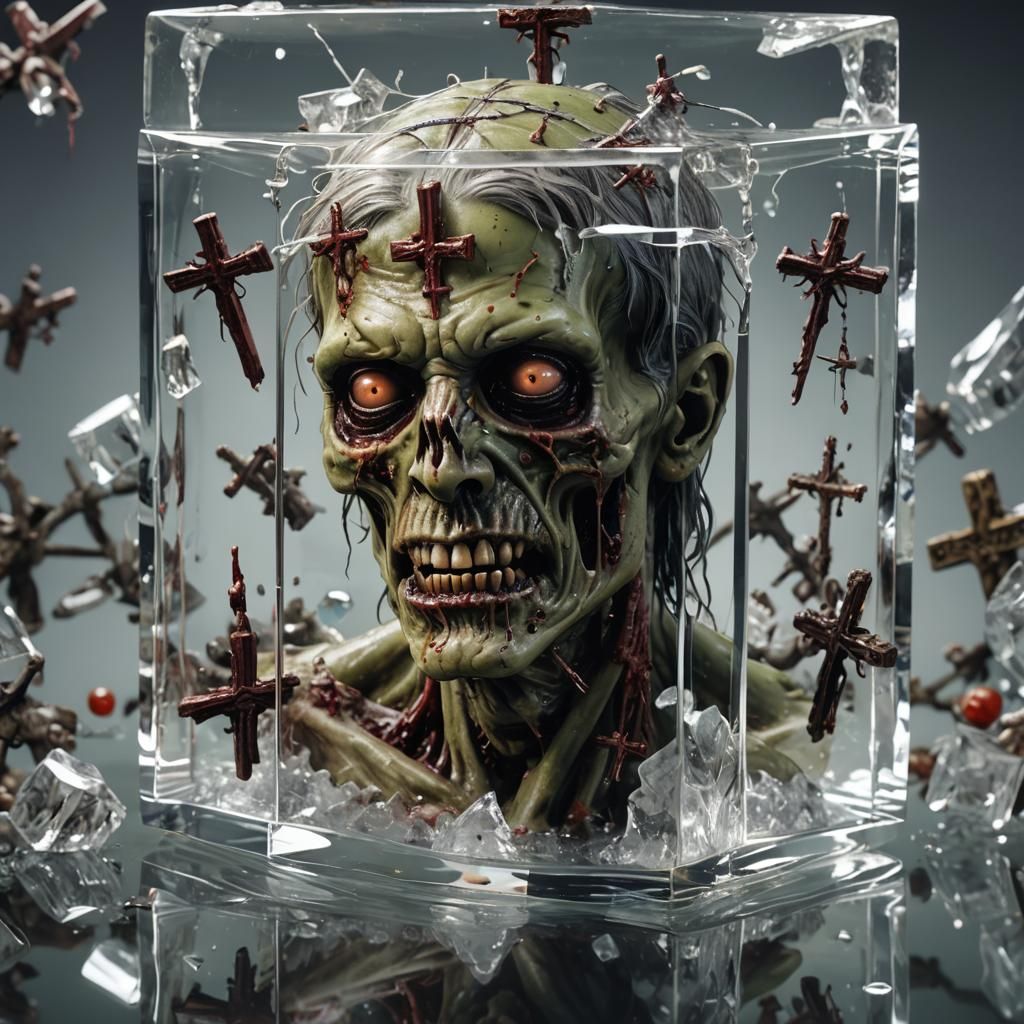 Hyperrealistic Zombie Beelzebub in Crystal Cube