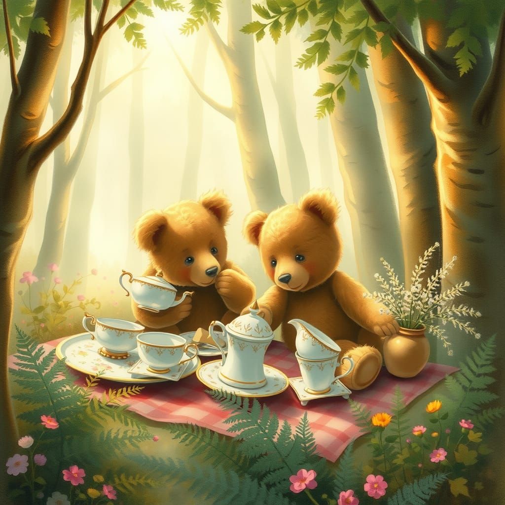 Teddy Bear Picnic in Misty Forest, Watercolor Style