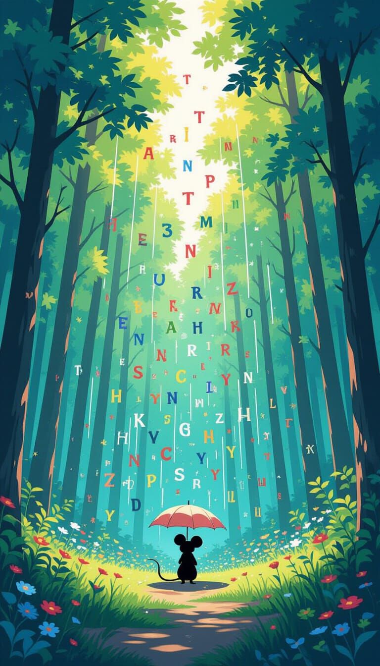 Colorful Letters Rain on Forest Clearing