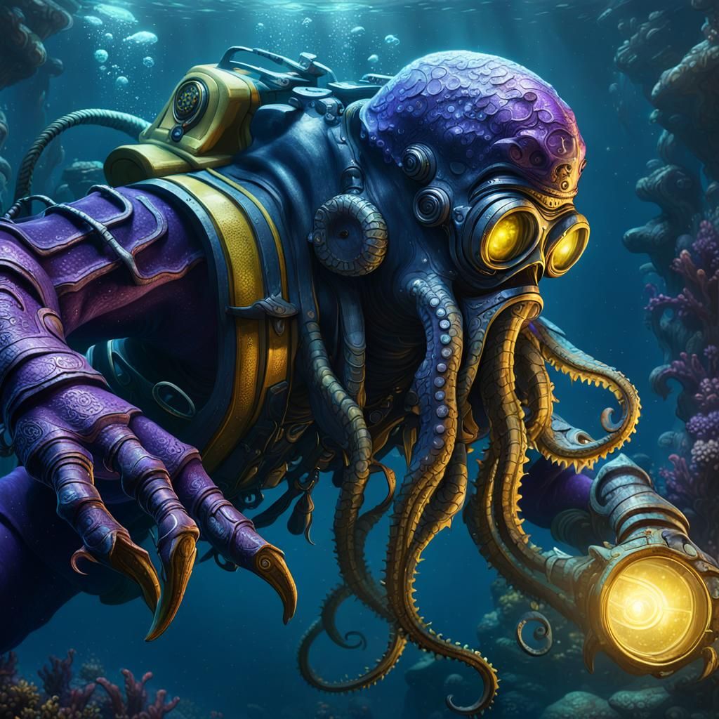 Kraken and Diver in Dark Fantasy Style