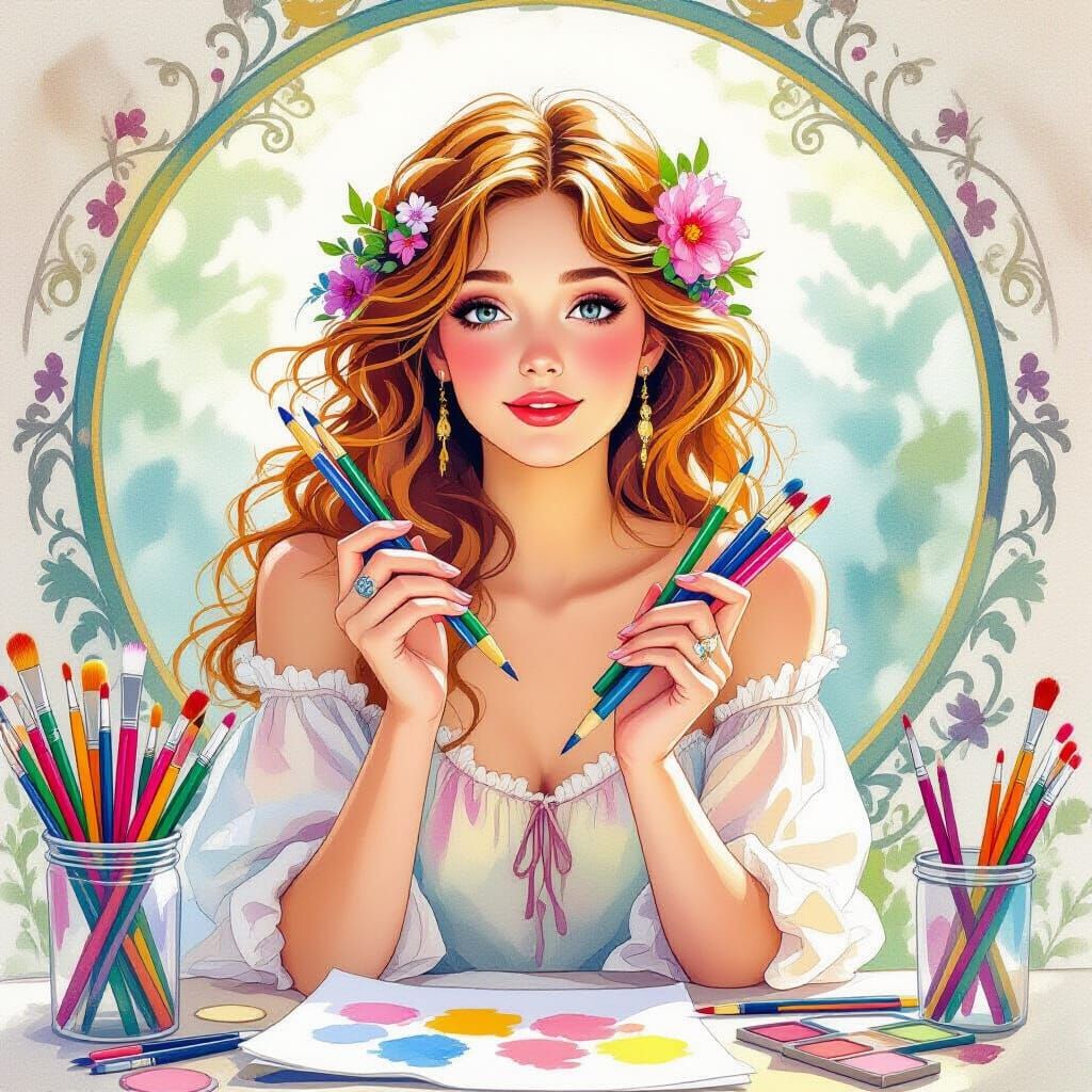 Dreamy Woman with Art Supplies in Art Nouveau Style