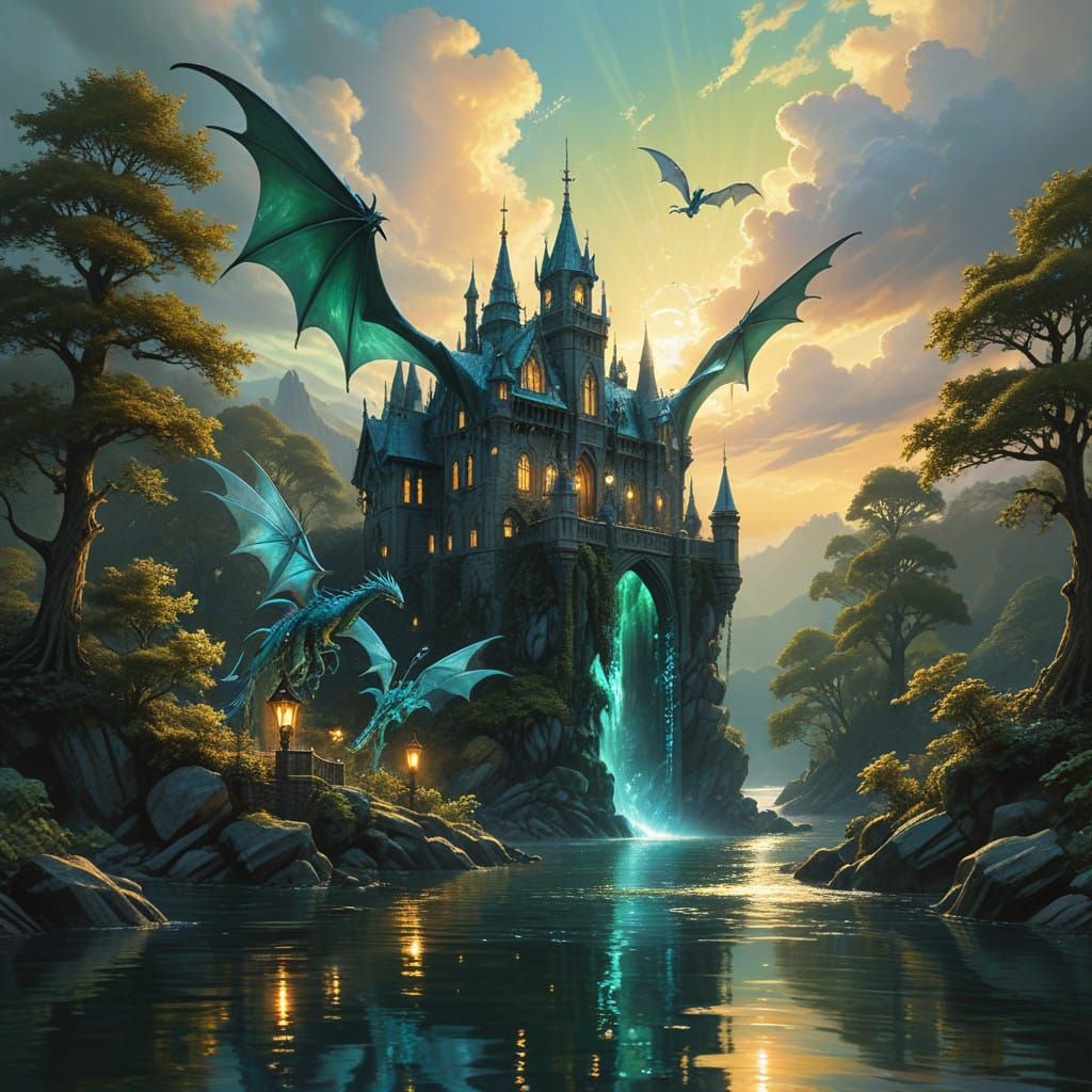 Majestic Fairies Mount Aquamarine Dragons Over Serene Victor...