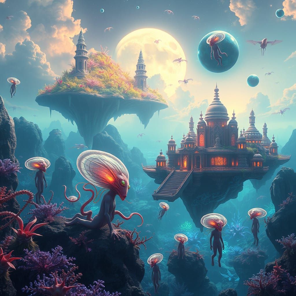 Ethereal Aquatic Realm in Vibrant, Neon-Lit Colors