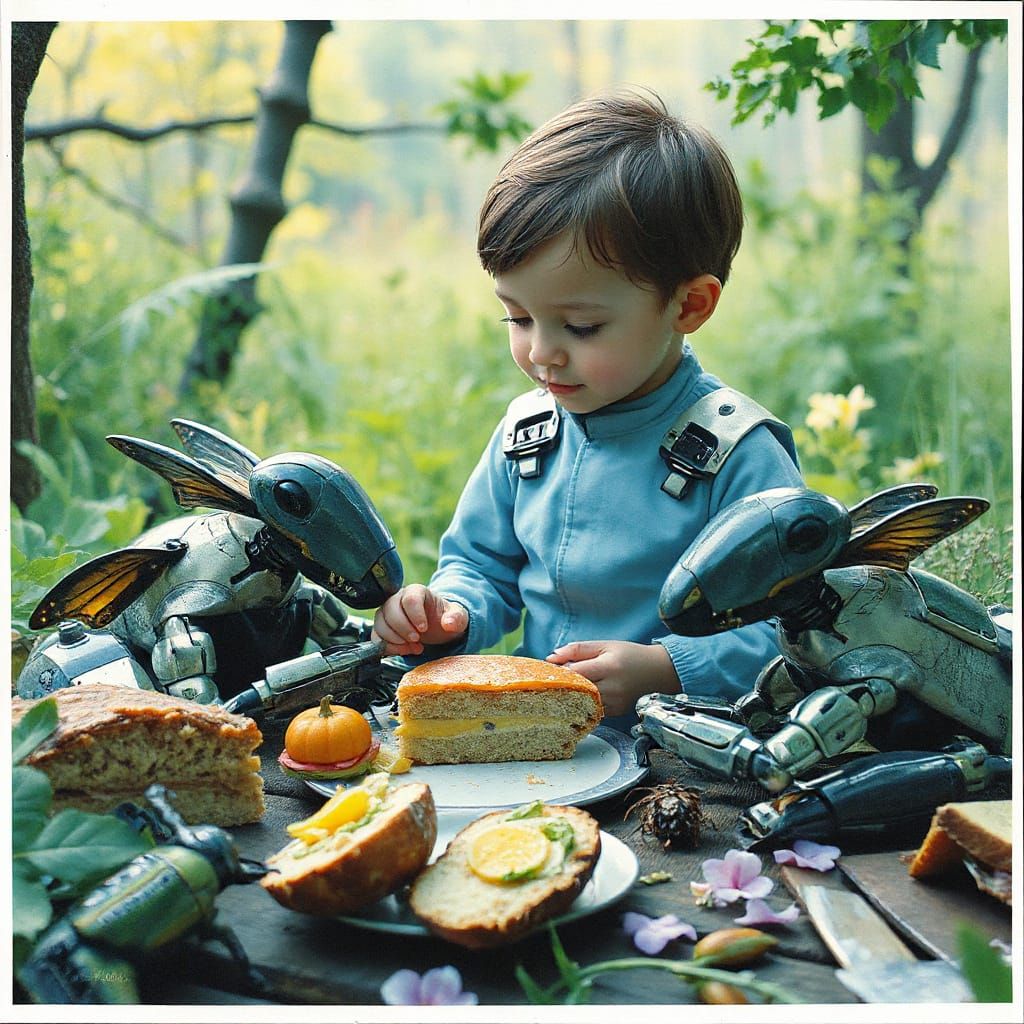 Child's Futuristic Picnic With Robotic Wildlife