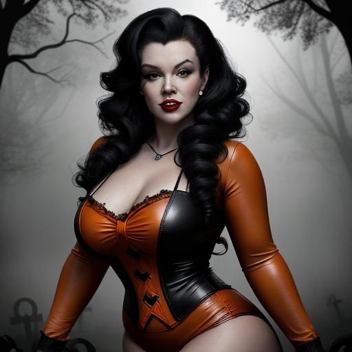 Vampire Pin-Up Girl in Graveyard with Pumpkin