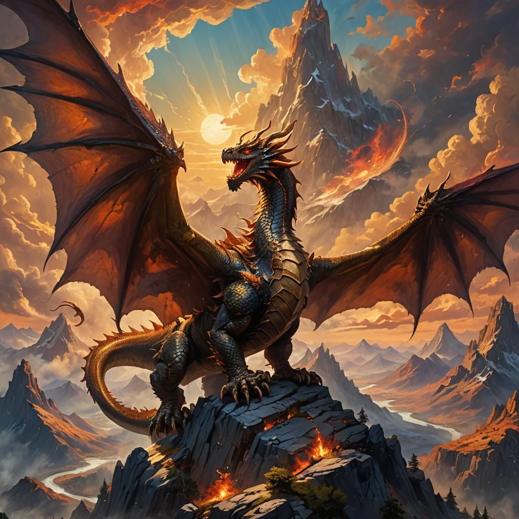 Majestic Dragon on Mountain Peak: Epic Fantasy Art