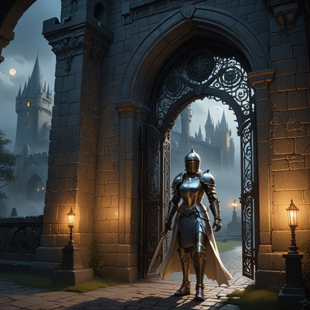 Ethereal White Knightess Guards Castle Gates in Fantasy Real...