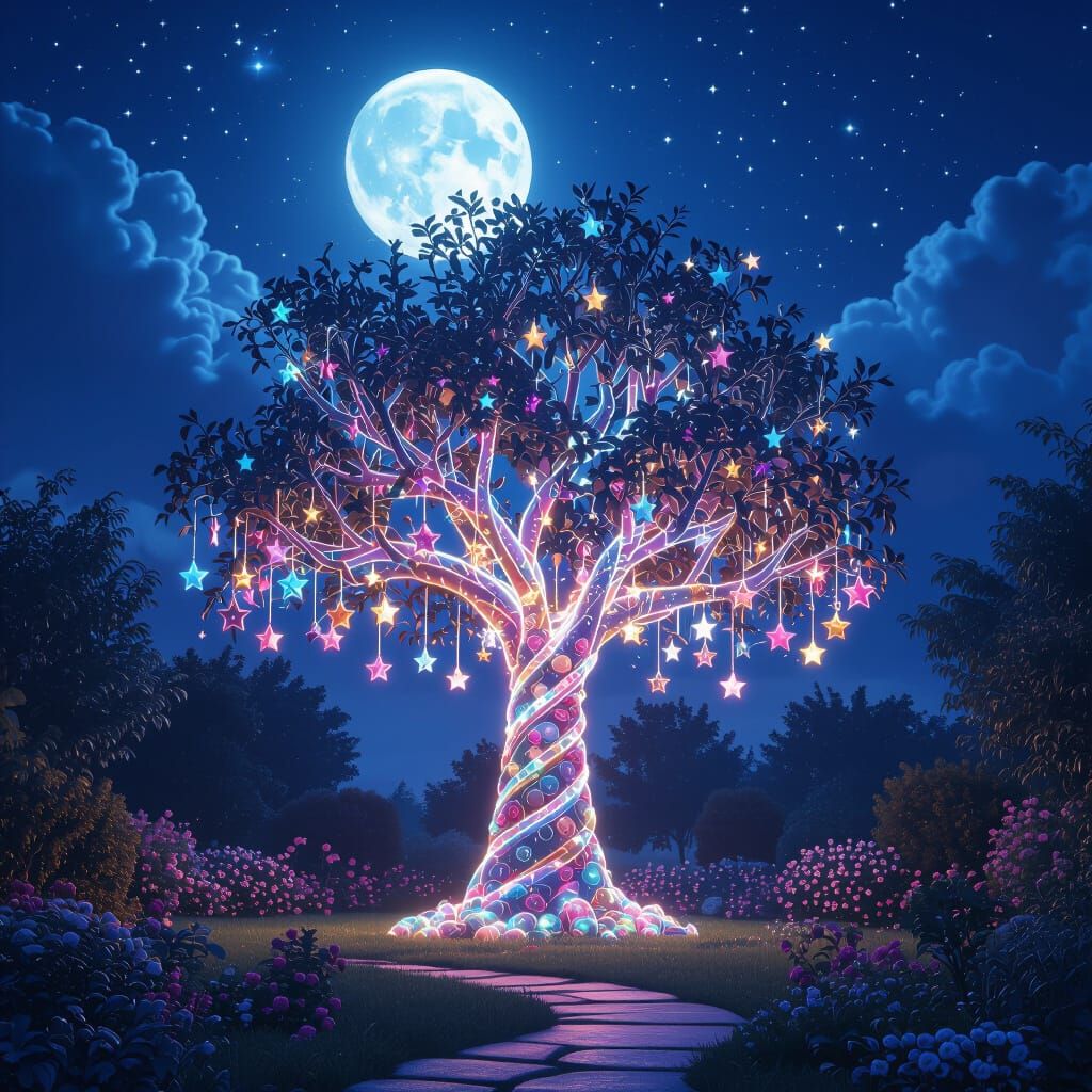 Magical Candy Tree Under Moonlight, Fantasy Concept Art