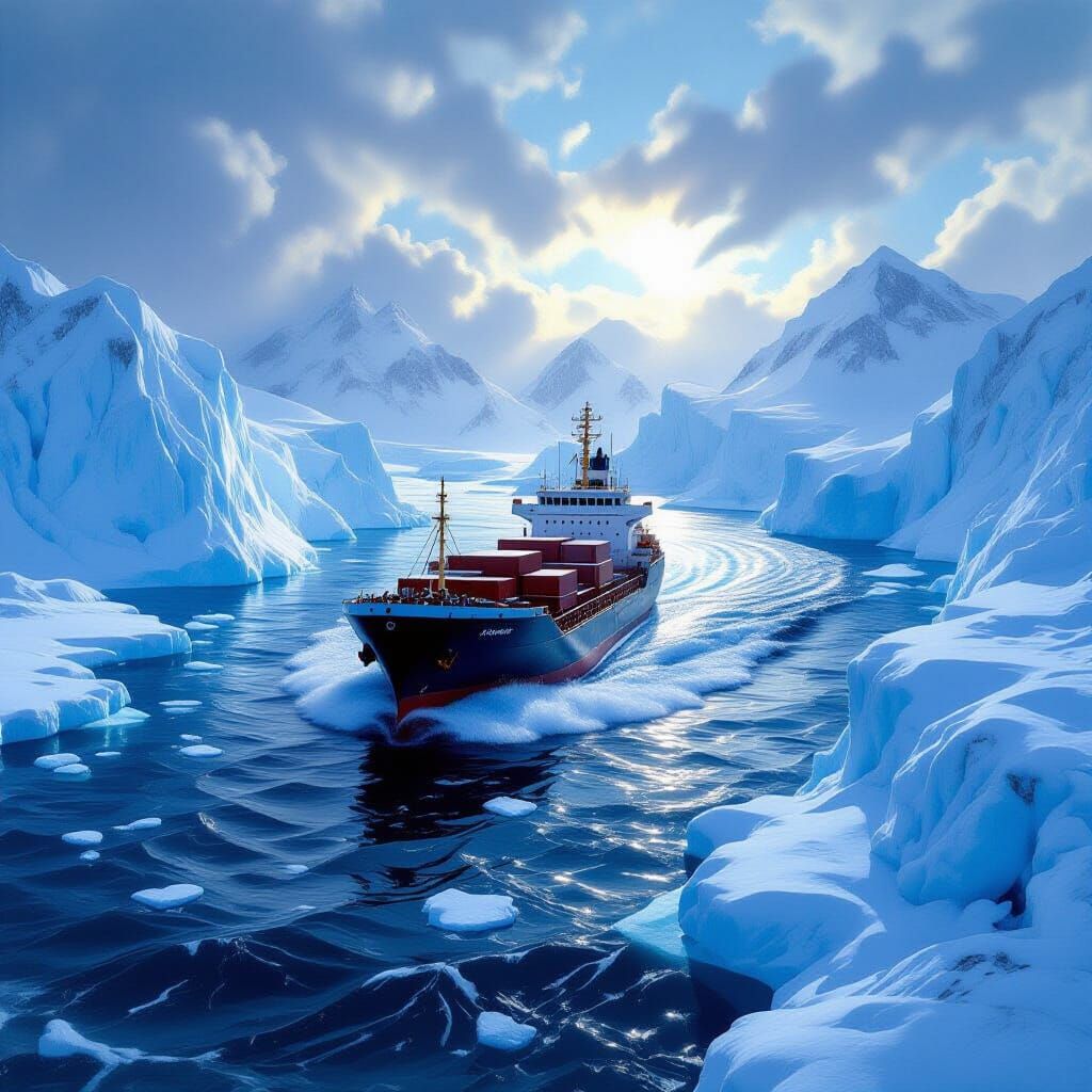 Cargo Ship Navigates Nordic Sea with Icebergs