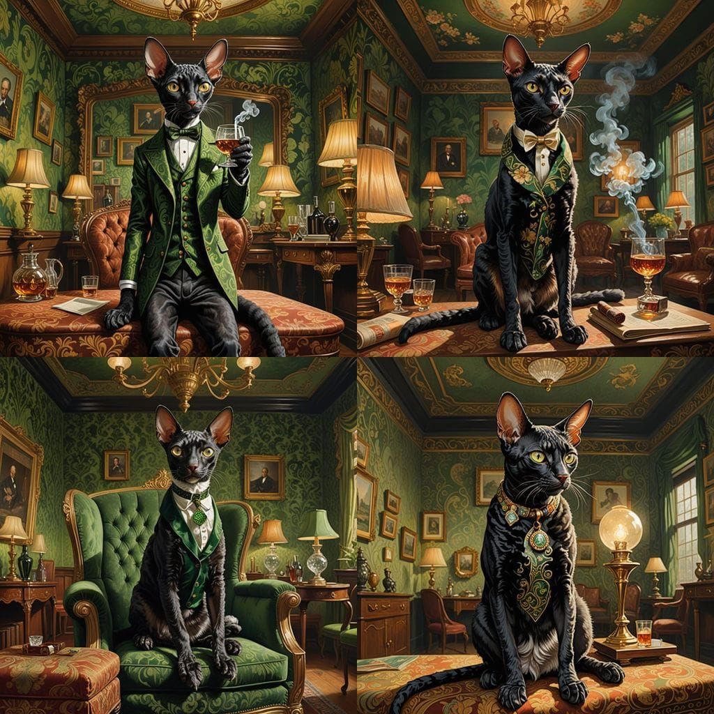 Sophisticated Black Cornish Rex Cat in a Whimsical Oil Paint...