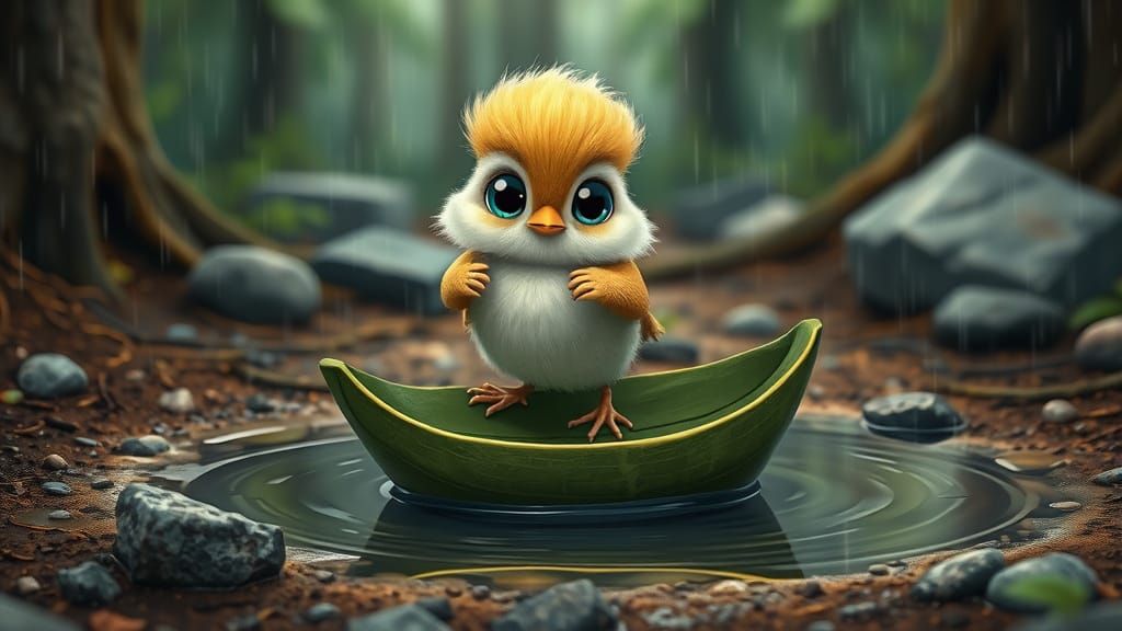 Fluffy Bird on Leaf in 3D Cartoon Style