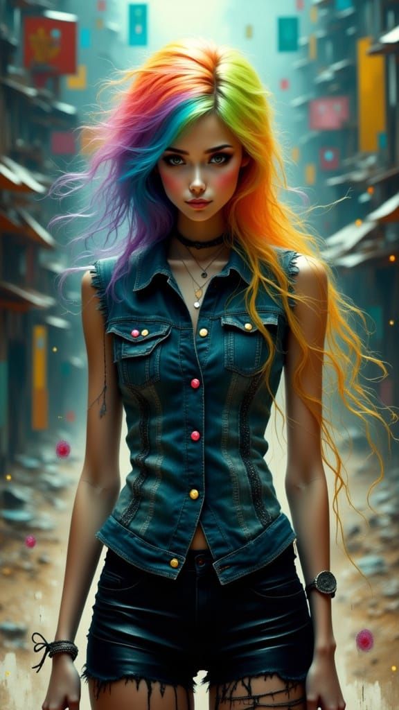 Vibrant Rainbow Haired Woman in Dystopian Cityscape