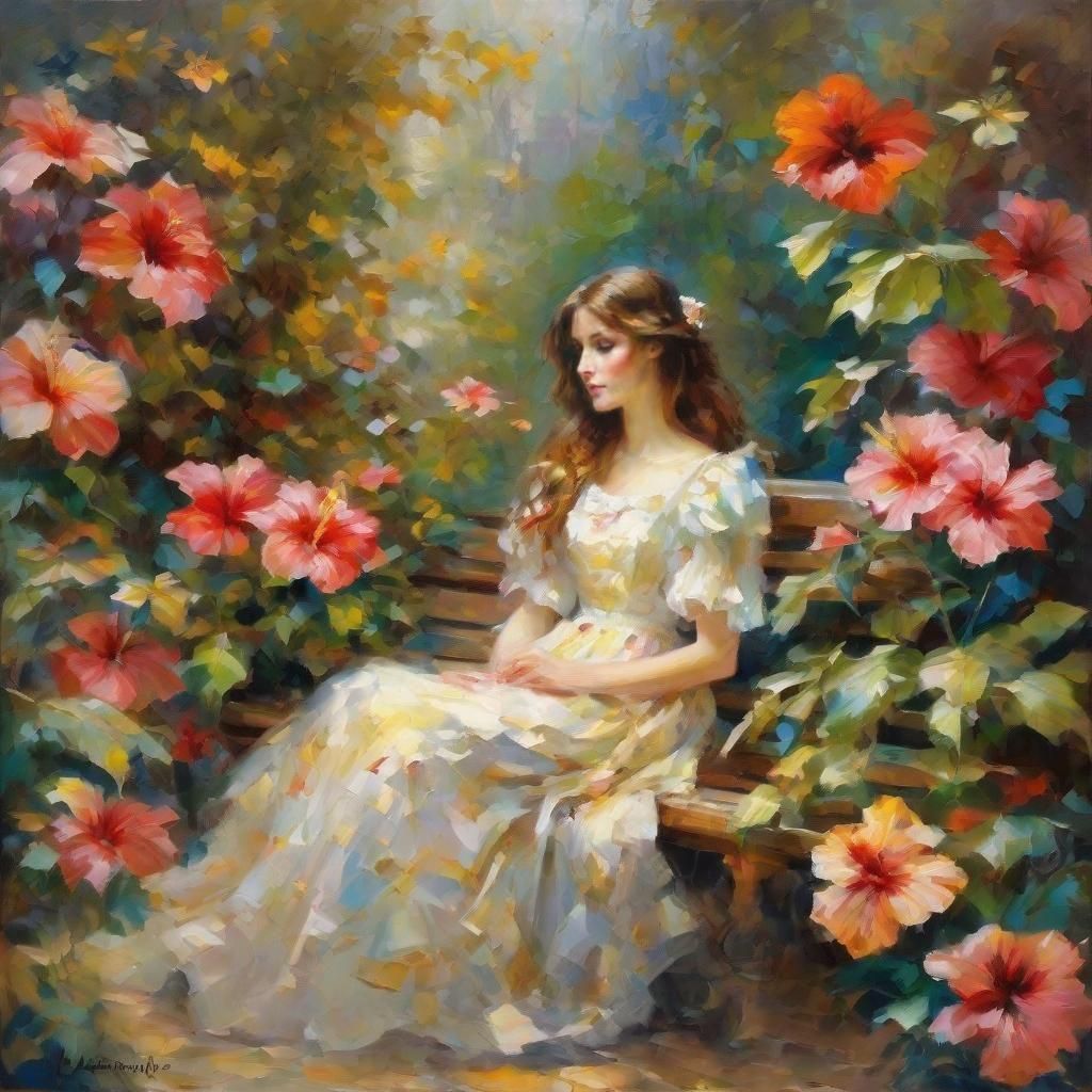 Alice Liddell in Hibiscus Garden, Expressive Oil Painting