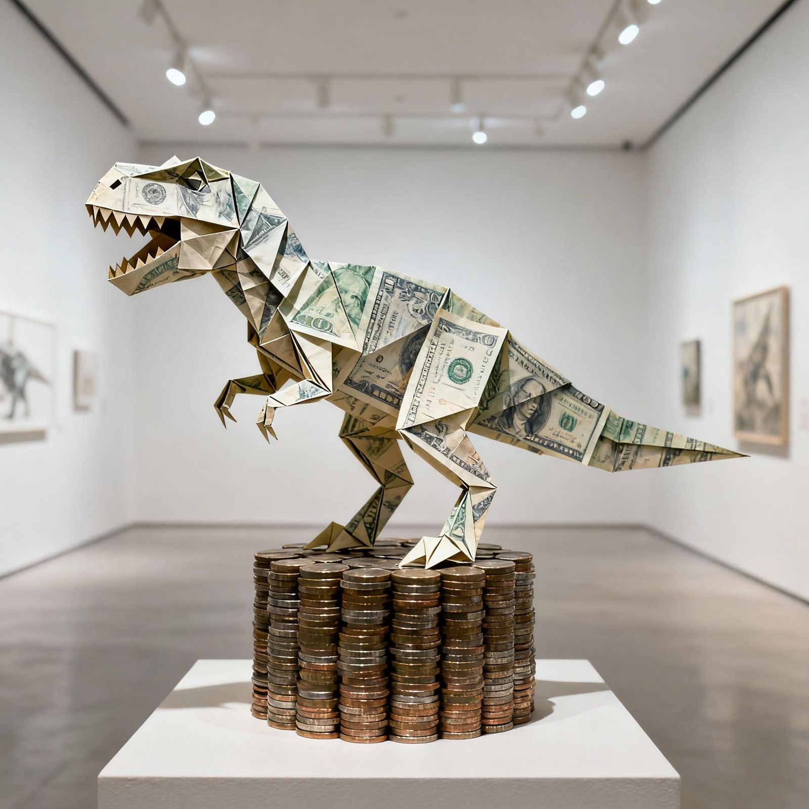 Origami Money Dinosaur Sculpture in Minimalist Gallery