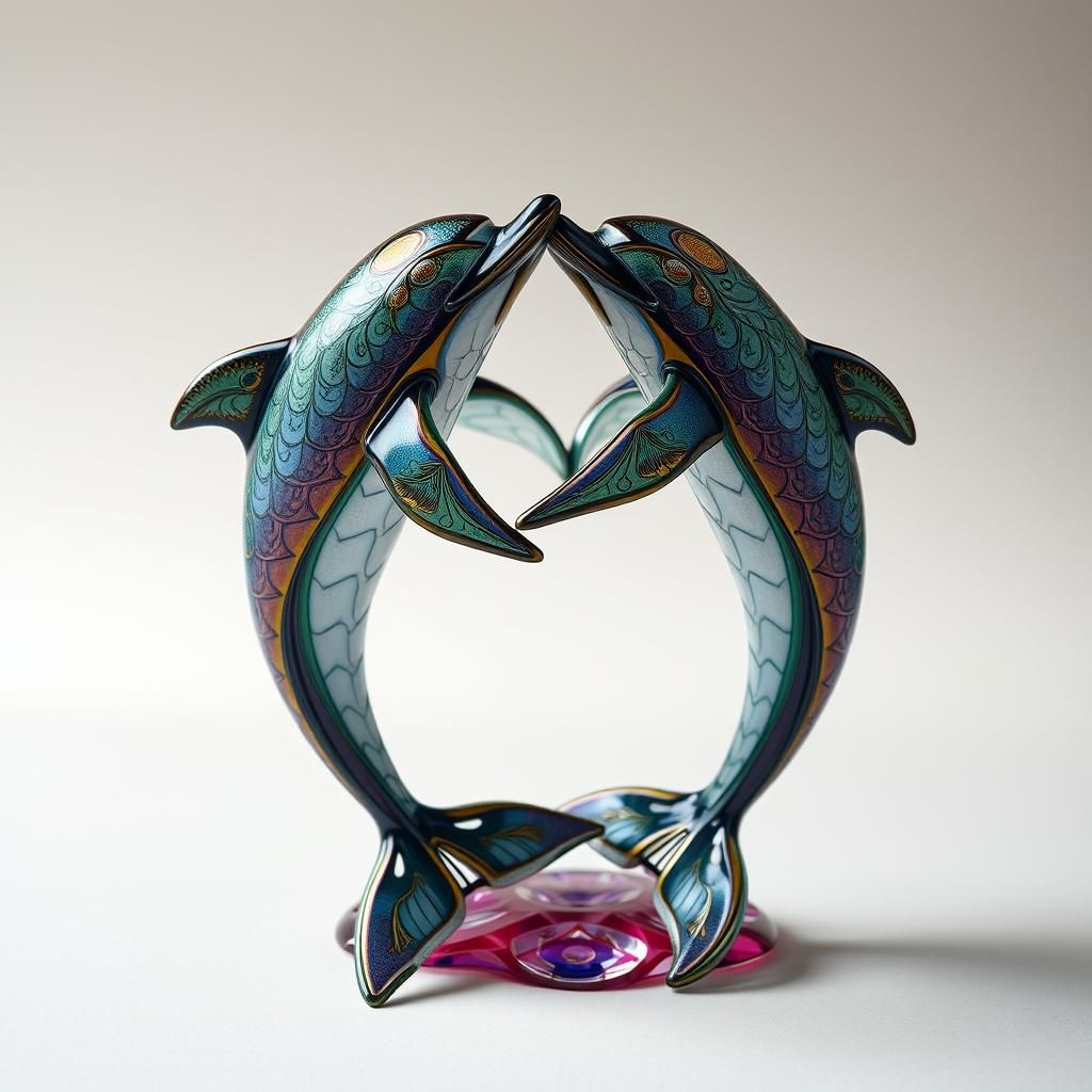 Enameled Glass Dolphin Figurines in Art Nouveau Style