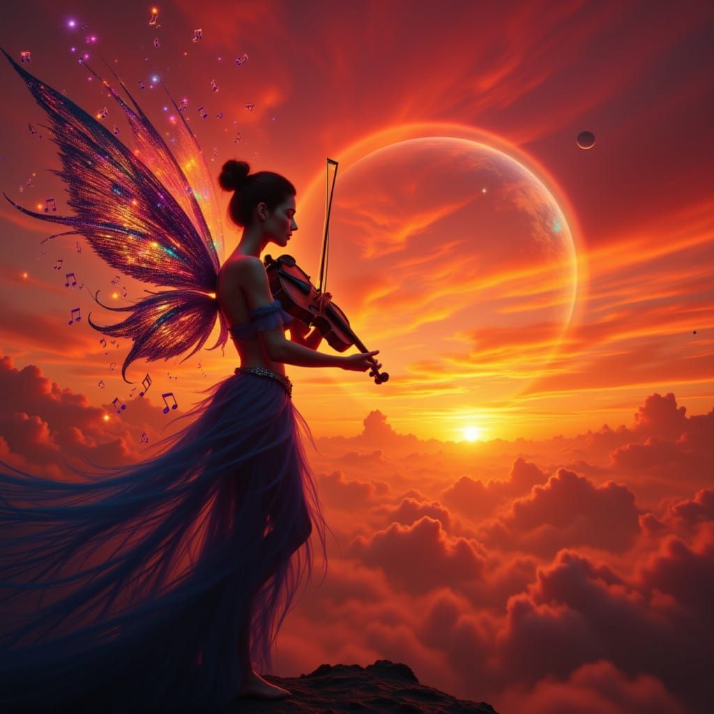 Fairy with Violin at Sunset in Painterly Style