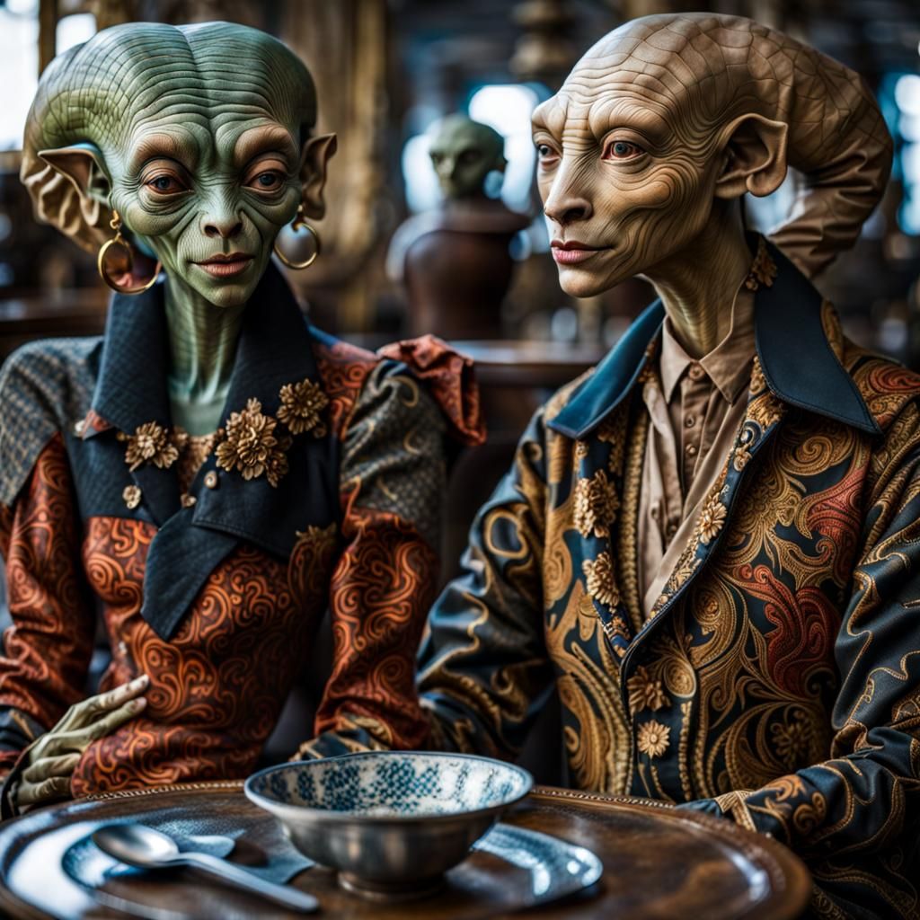 Exotic Aliens Celebrate in Surreal Restaurant: Hyperrealism