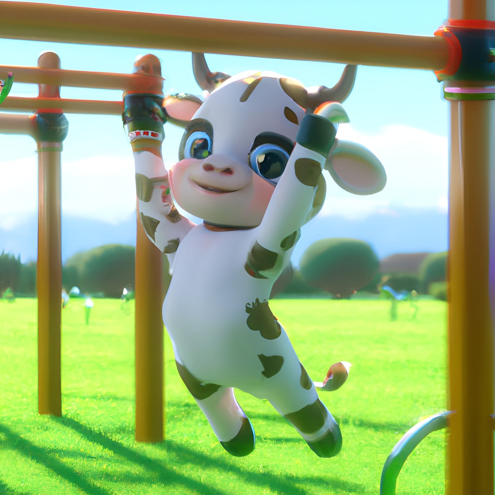 Adorable 3D Cow Plays on Monkey Bars