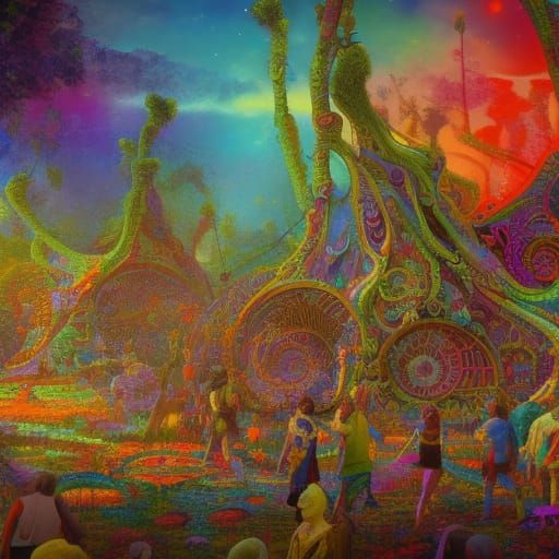 Hippies at Woodstock 1969 in Psychedelic Colors